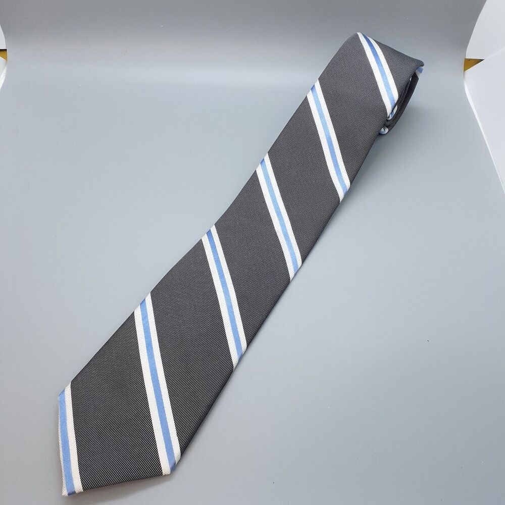 Nautica Mens Striped Gray Blue White Necktie Skinny Tie 100% silk 60 x 3 VGUC